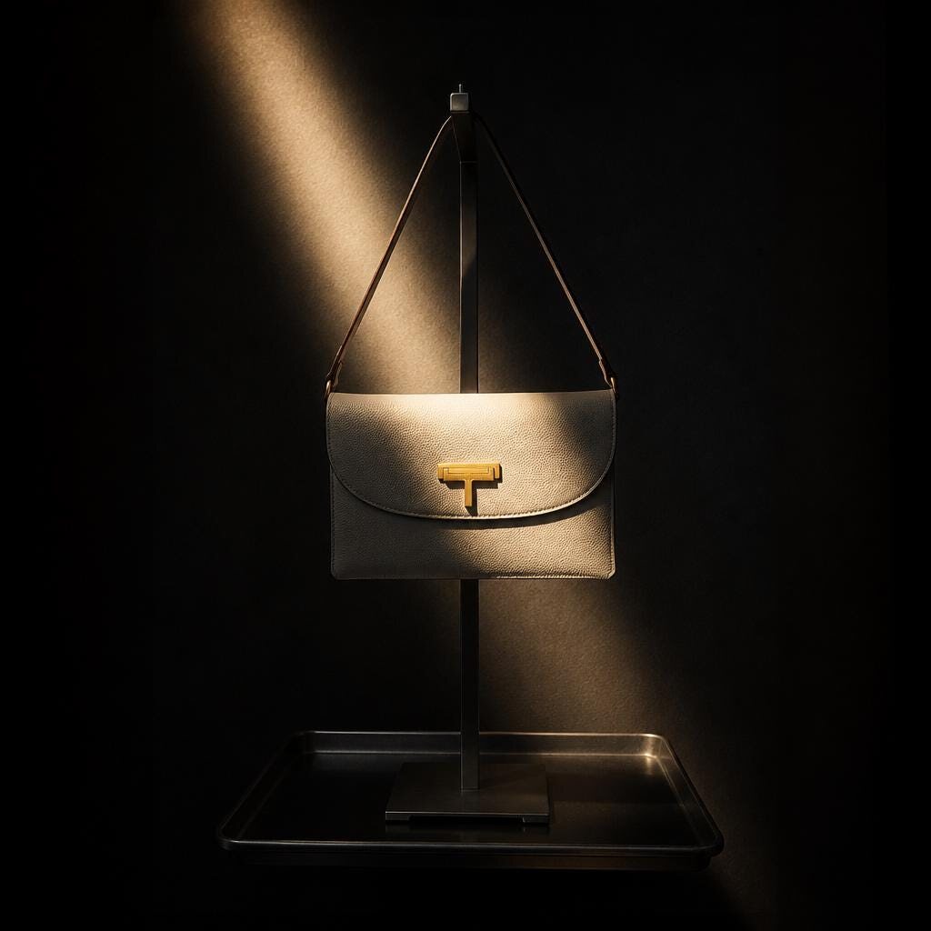A cream pebbled shoulder bag lit against a dark background