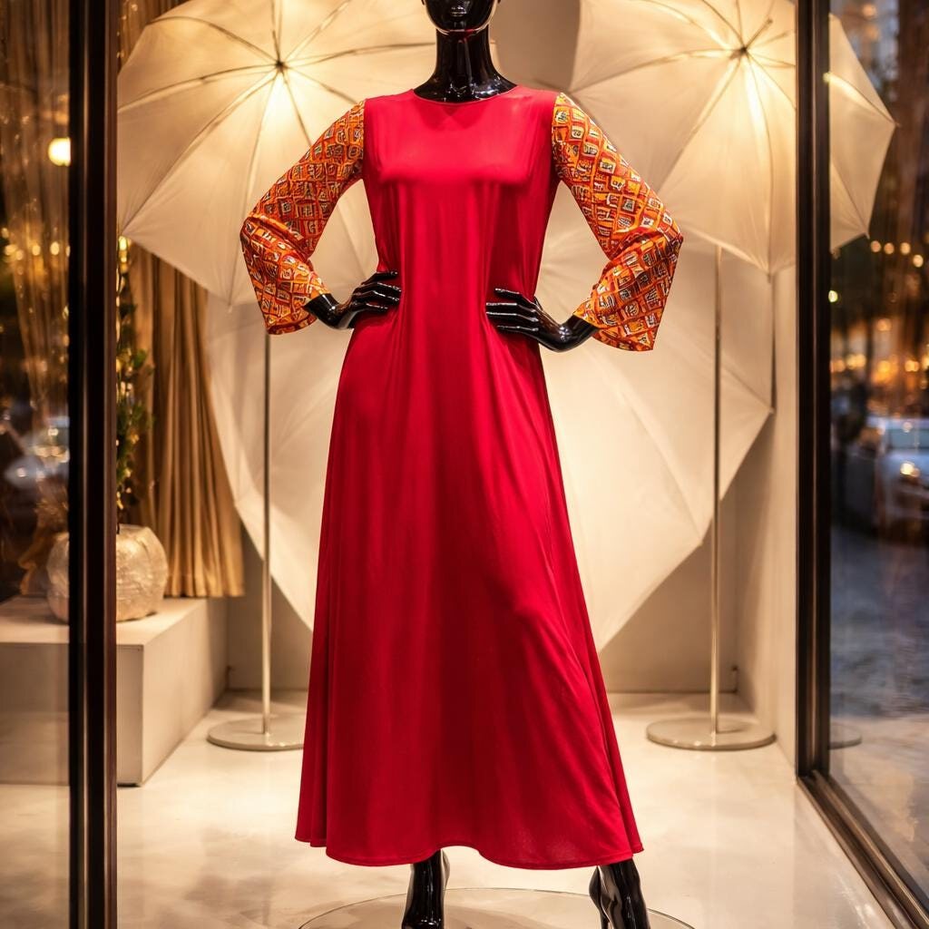 A crimson satin maxi dress with printed balloon sleeves on a dress form