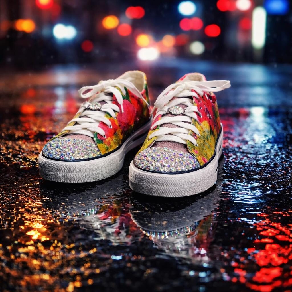 Painted floral platform sneakers on a wet street at night