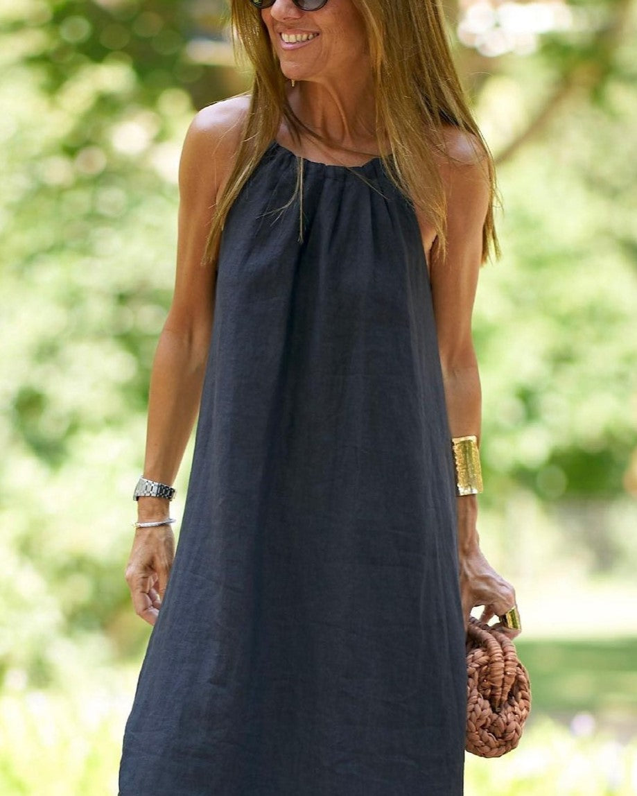 Halterneck Slit Cotton and Linen Dress