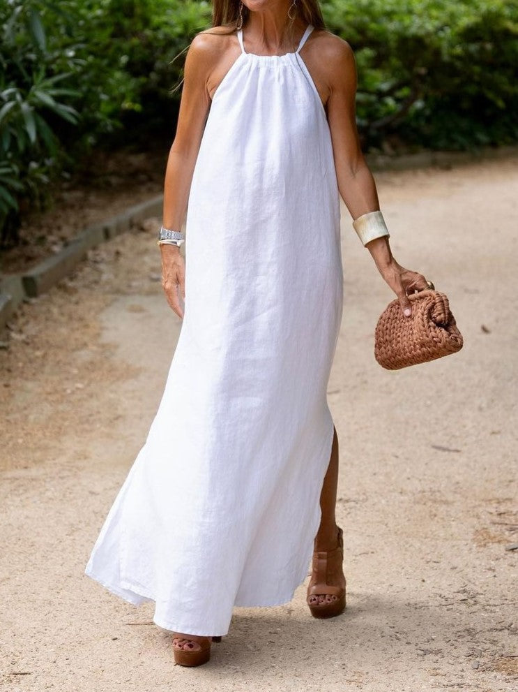 Halterneck Slit Cotton and Linen Dress